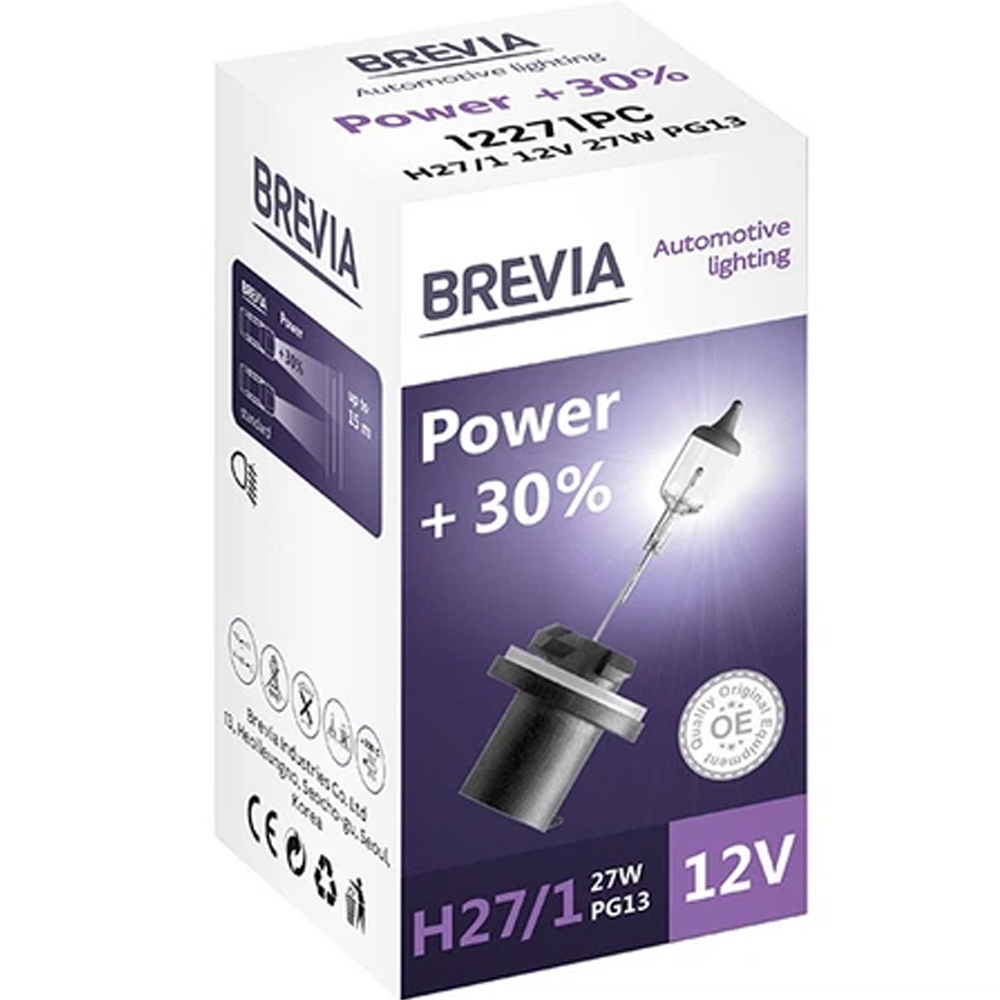 Лампа BREVIA H27/1 12V 27W PG13 Power +30% CP (12271PC) Дополнительно тип лампы H27/1, галогеновая