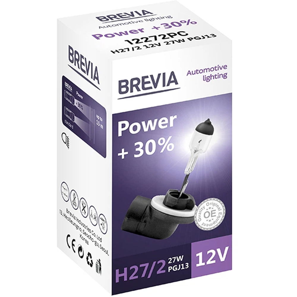 Лампа BREVIA H27/2 12V 27W PGJ13 Power +30% CP (12272PC) Додатково тип лампи H27/2, галогенова