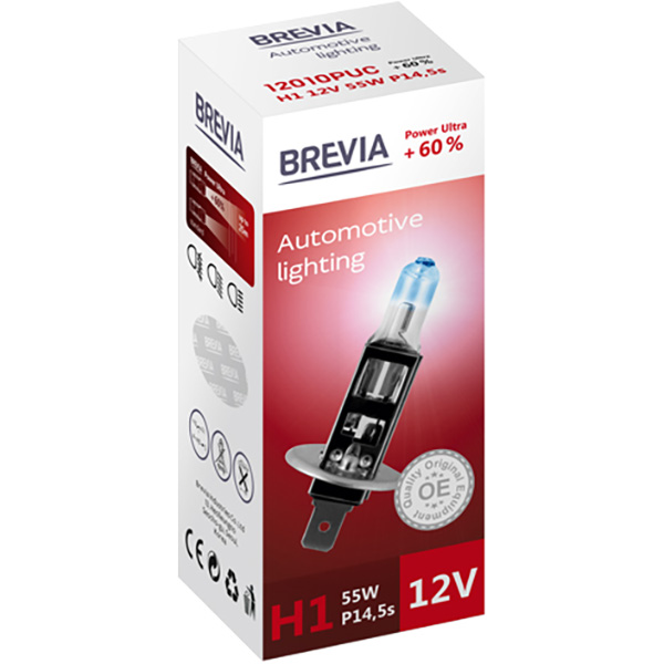 Лампа BREVIA H1 12V 55W P14,5s Power Ultra+60% СР (12010PUC) Входное напряжение 12