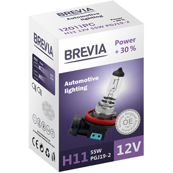 Лампа BREVIA H11 12V 55W PGJ19-2 Power +30% СР (12011PC)