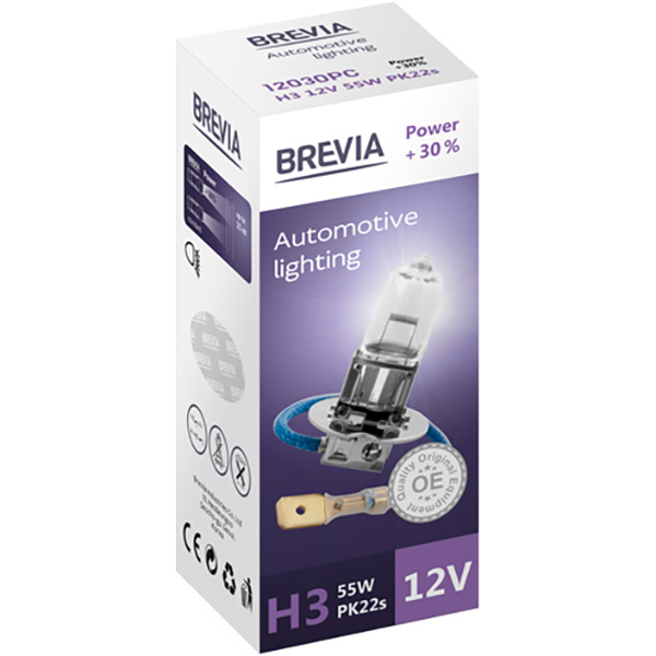 Лампа BREVIA H3 12V 55W PК22s Power +30% СР (12030PC)