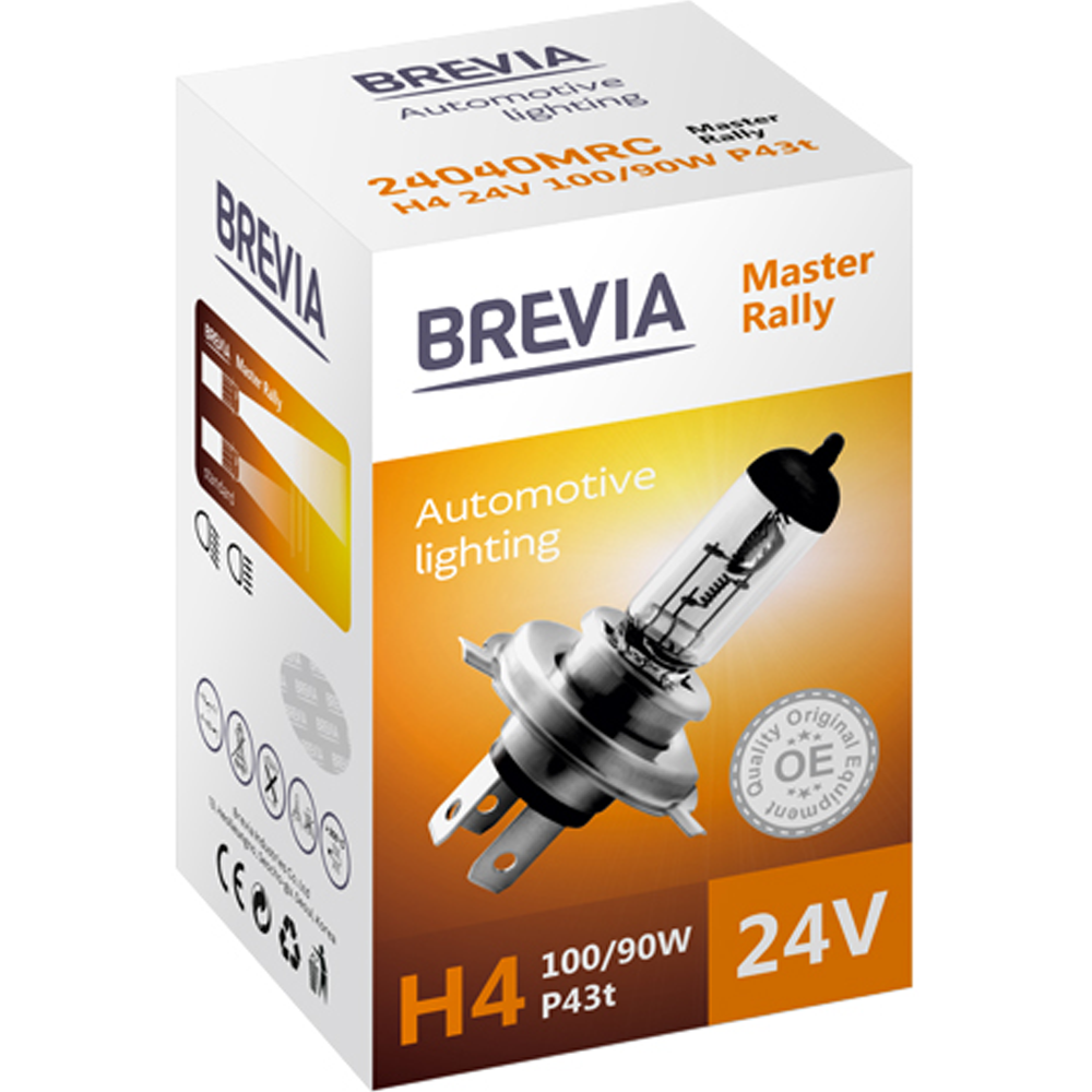 Лампа BREVIA H4 24V 100/90W P43t Master Rally CP (24040MRC) Дополнительно тип лампы H4, галогеновая