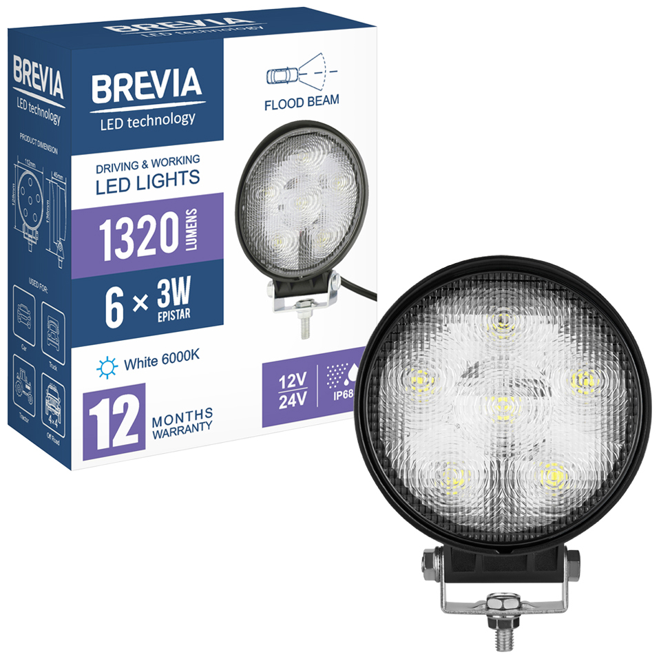 Фото Фара світлодіодна BREVIA 10-30V 18W 6 x 3W 1320Lm EPISTAR FLOOD 1 шт (10621RFX1)