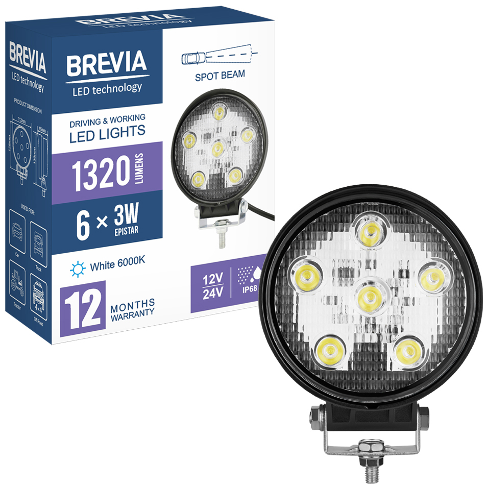 Фото Фара світлодіодна BREVIA 10-30V 18W 6 x 3W 1320Lm EPISTAR SPOT 1 шт (10621RSX1)