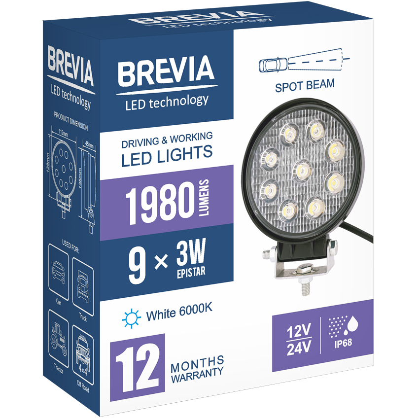 Фото Фара светодиодная BREVIA 10-30V 27W 9 x 3W 1980Lm EPISTAR SPOT 1 шт (10641RSX1)