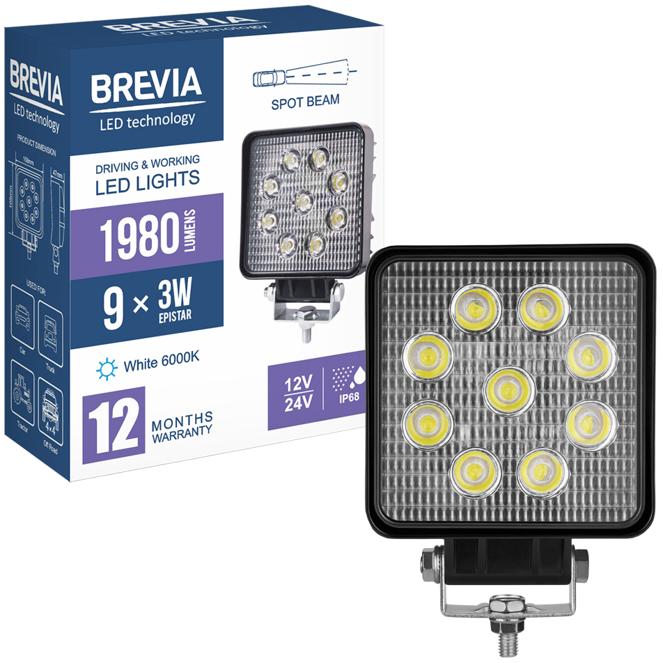 Фото Фара светодиодная BREVIA 10-30V 27W 9 x 3W 1980Lm EPISTAR SPOT 1 шт (10642QSX1)