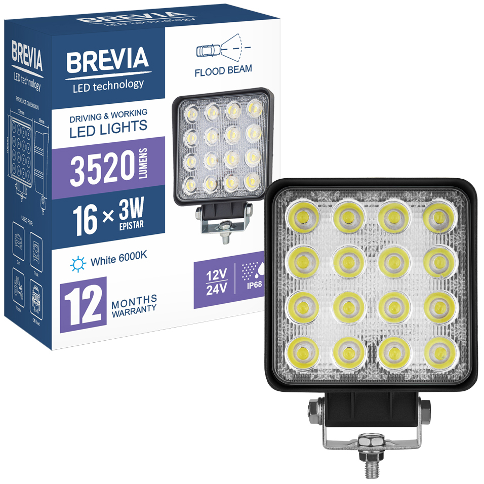 Фото Фара светодиодная BREVIA 10-30V 48W 16 x 3W 3520Lm EPISTAR WHITE FLOOD 1 шт (10652QFX1)