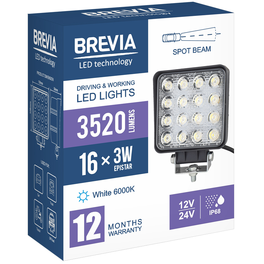 Заказать Фара светодиодная BREVIA 10-30V 48W 16 x 3W 3520Lm EPISTAR WHITE SPOT 1 шт (210652QSX1)