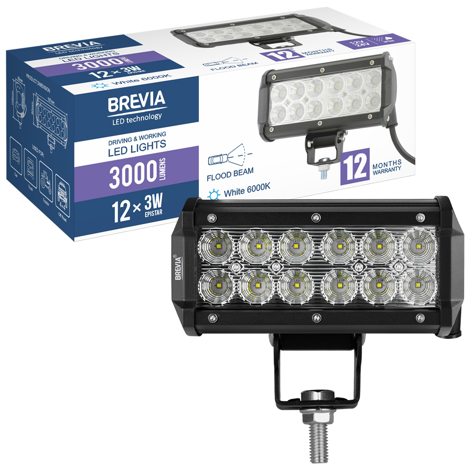 Фото Фара светодиодная BREVIA 10-30V 36W 12x3W 3000Lm CREE FLOOD 1 шт (10712FX1)