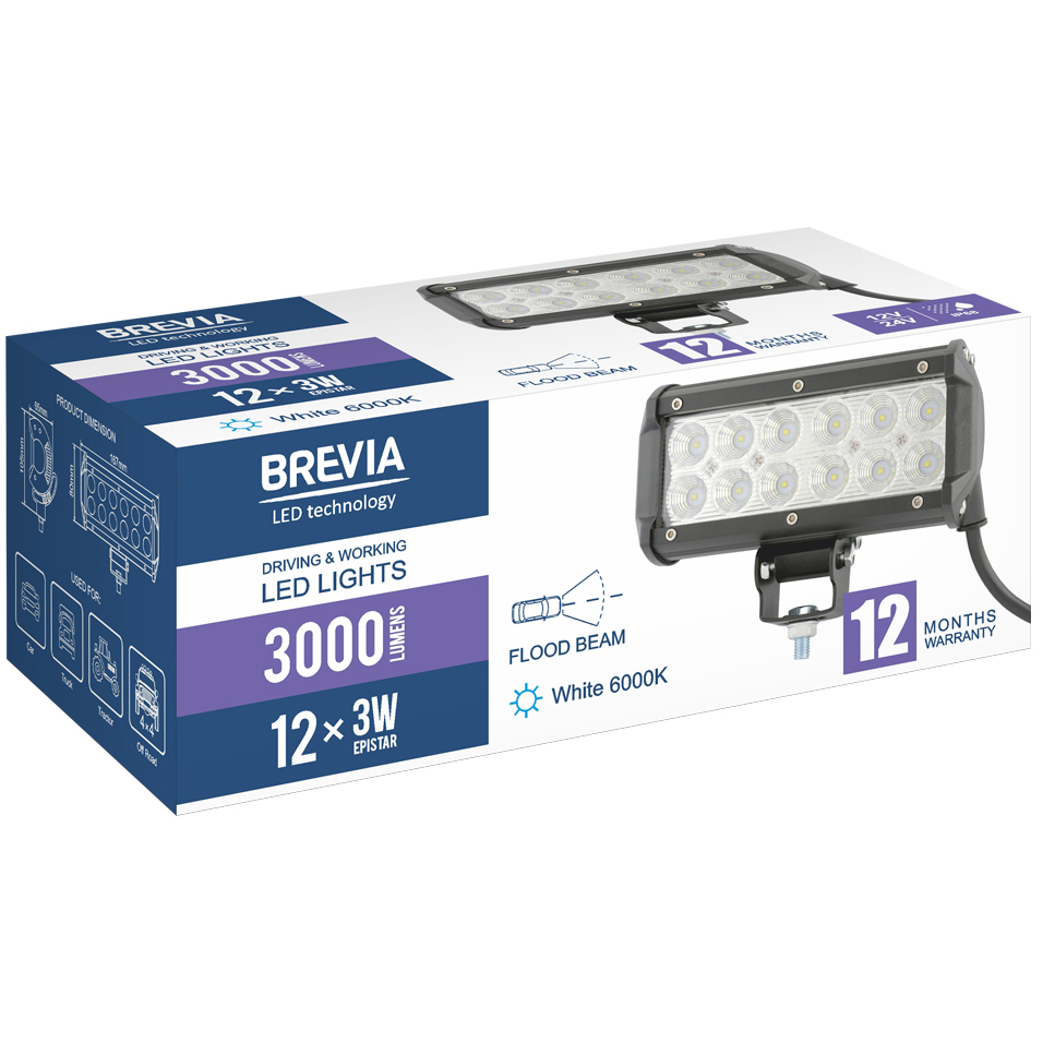 Заказать Фара светодиодная BREVIA 10-30V 36W 12x3W 3000Lm CREE FLOOD 1 шт (10712FX1)