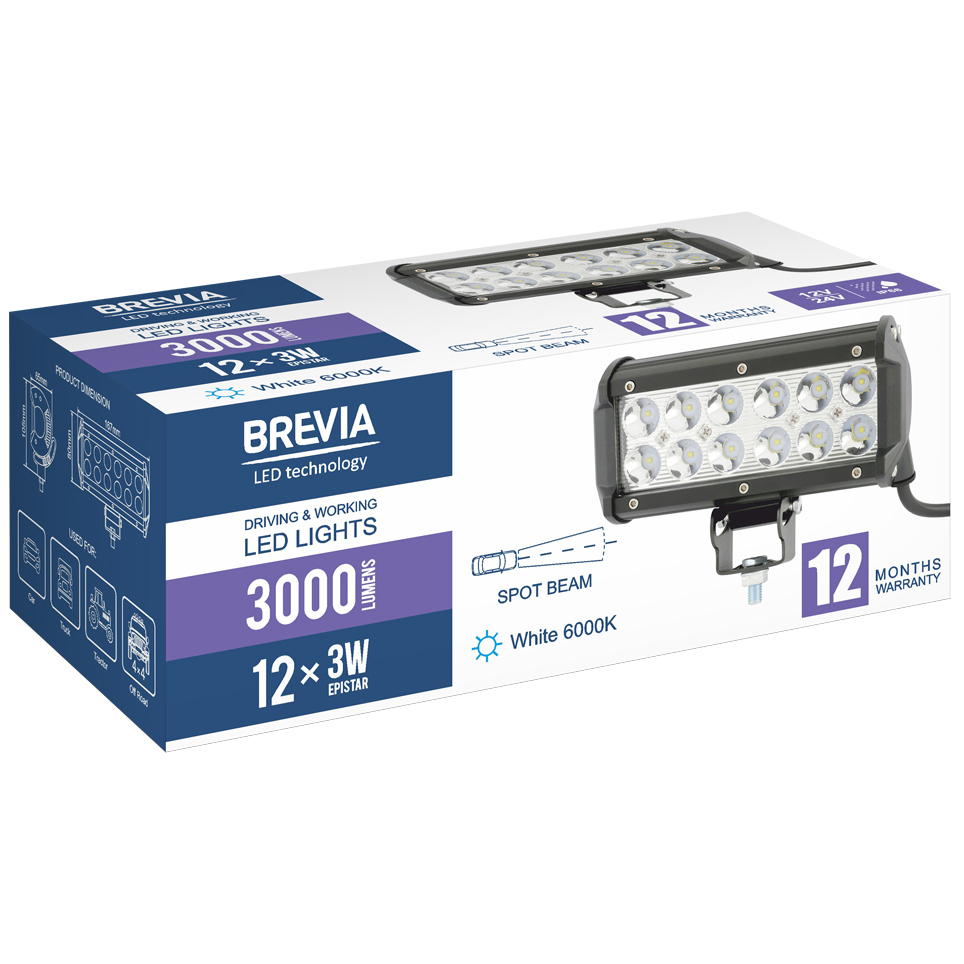 Заказать Фара светодиодная BREVIA 10-30V 36W 12 x 3W 3000Lm CREE SPOT 1 шт (10712SX1)