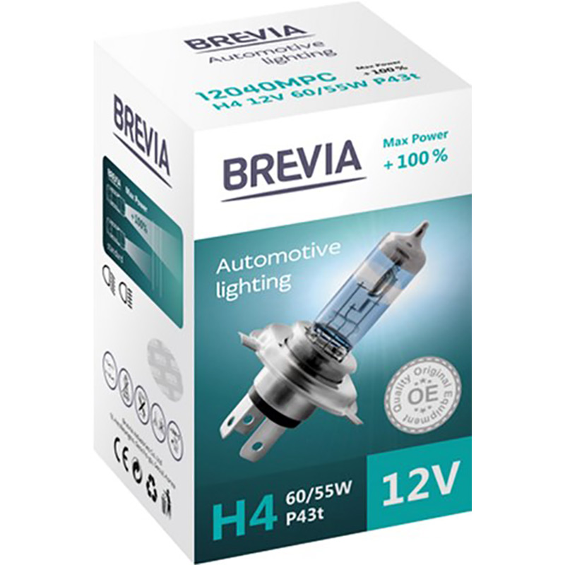 Галогенова лампа Brevia H4 12V 60/55W P43t Max Power +100% CP (12040MPC)
