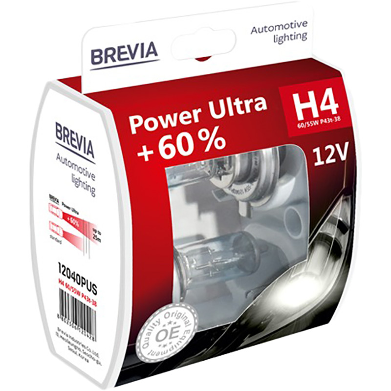 Галогеновая лампа BREVIA  H4 12V 55W P43t Power Ultra+60% S2 (12040PUS)