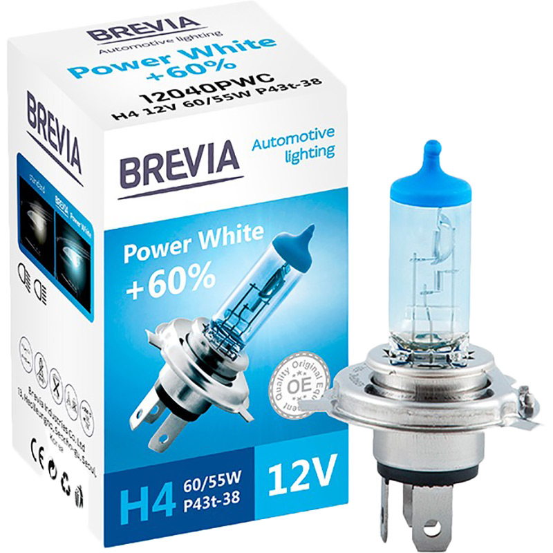 Галогеновая лампа BREVIA  H4 12V 60/55W P43t Power White +60% 4300K K CP (12040PWC) Совместимость универсальные