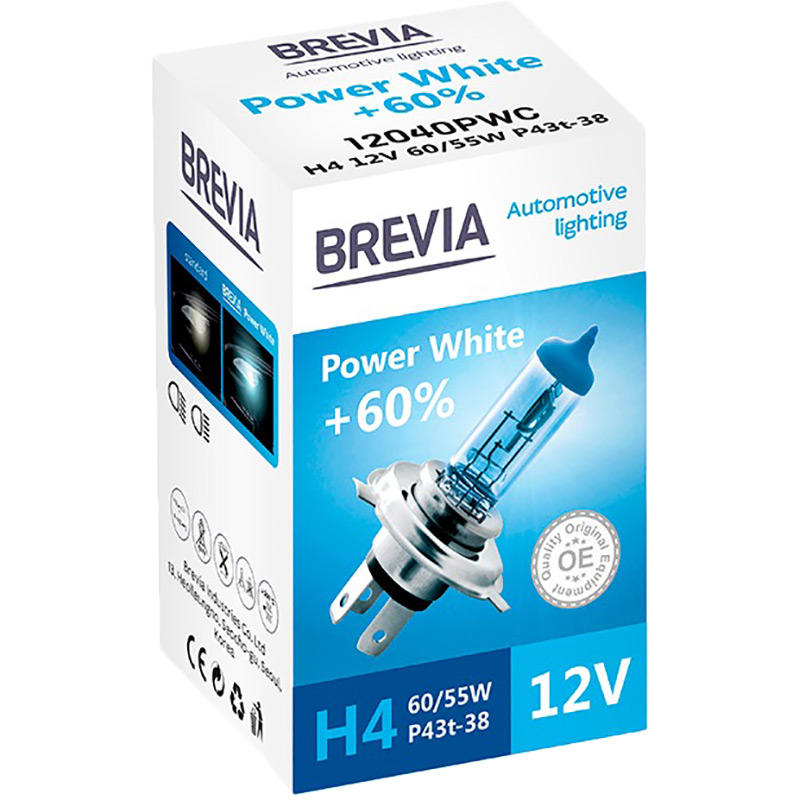 Галогеновая лампа BREVIA  H4 12V 60/55W P43t Power White +60% 4300K K CP (12040PWC)
