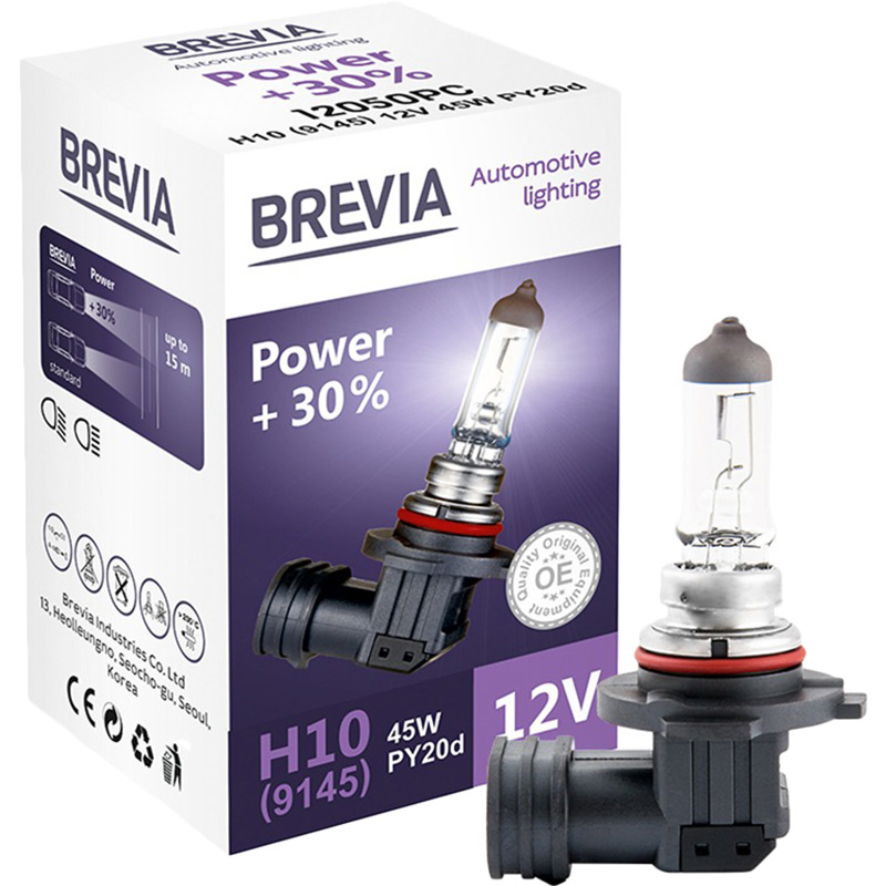 Галогеновая лампа Brevia H10 (9145) 12V 45W PY20d Power +30% CP (12050PC)