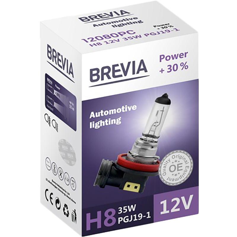 Галогеновая лампа BREVIA H8 12V 35W PGJ19-1 Power +30% CP (12080PC)