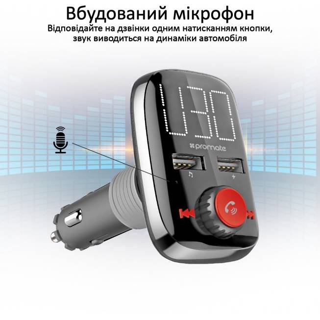 FM-трансмиттер PROMATE smartune-3.black Дополнительно интерфейсы - AUX (3.5мм), micro USB, USB, Кардридер, Линейный вход, Bluetooth 4.2