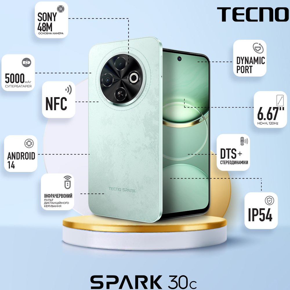 Зображення Смартфон TECNO Spark 30C (KL5n) 4/128GB Magic Skeen Green (4894947051807)