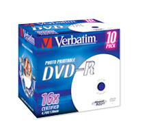 Носії інформації VERBATIM DVD-R 4,7 Gb 16x Jewel 10 pcs Printable 43521