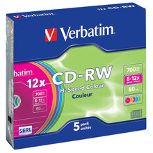 Носители инфомации VERBATIM CD-RW 700Mb 12x Slim 5 pcs Color 43167