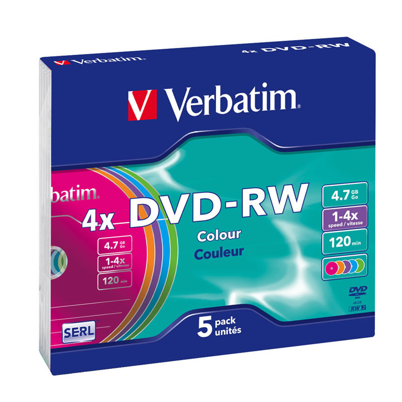 Носії інформації VERBATIM DVD-RW 4,7 Gb 4x Slim 5 pcs Color 43563