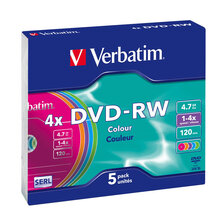 Носители инфомации VERBATIM DVD-RW 4,7Gb 4x Slim 5 pcs Color 43563