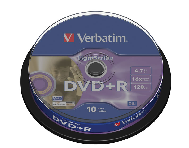 Носители инфомации VERBATIM DVD+R 4,7Gb 16x Cake 10 pcs LightScribe 43576