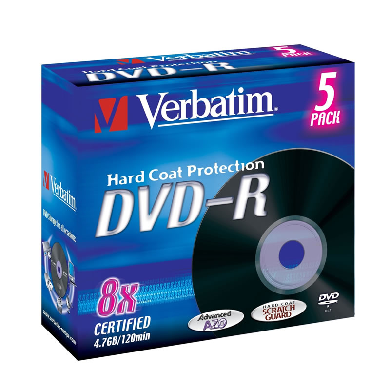 Носители инфомации VERBATIM DVD-R 4,7Gb 8x Jewel 5 pcs Hardcoat 43581