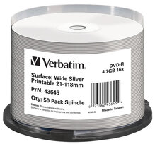 Носії інформації VERBATIM DVD-R 4,7 Gb 16x Cake 50 pcs Printable Silver 43645