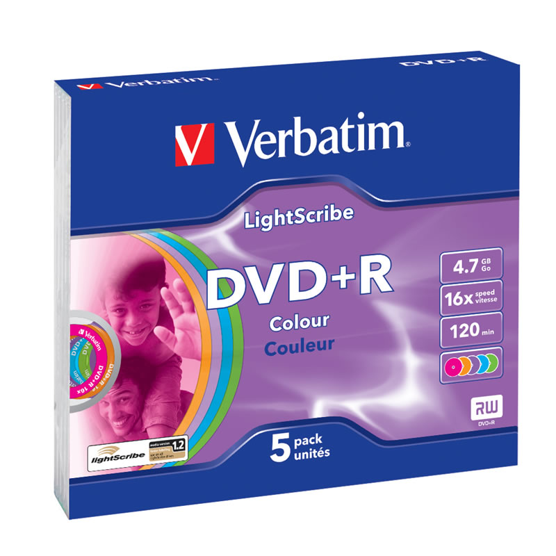 Носії інформації VERBATIM DVD+R 4,7 Gb 16x Slim 5 pcs Color LightScribe 43658