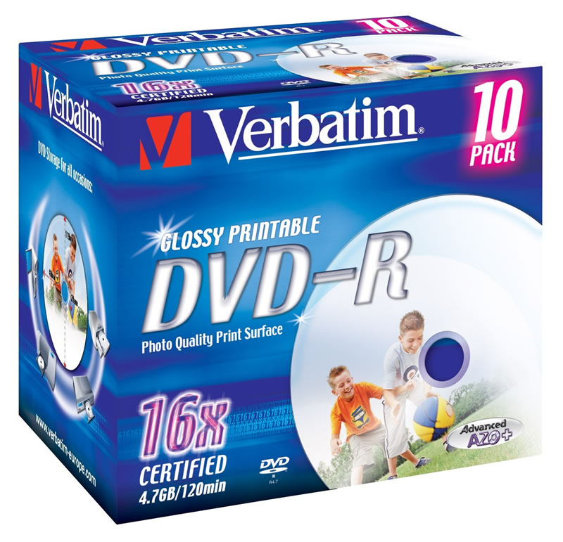 Носители инфомации VERBATIM DVD-R 4,7Gb 16x Jewel 10pcs Glossy Printable 43567