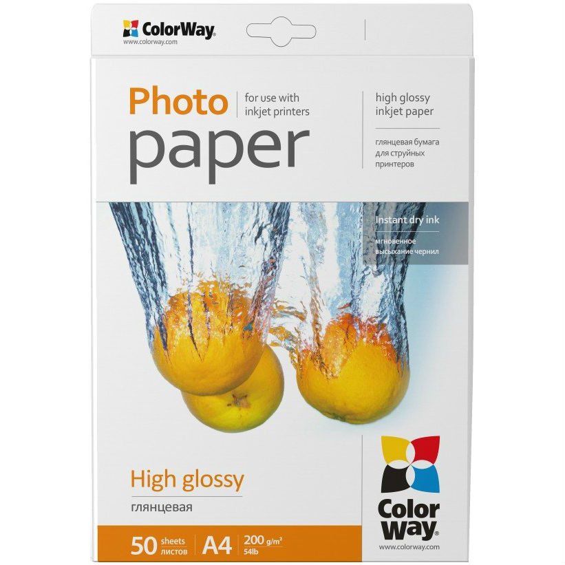 

Фотобумага ColorWay PG200-50 А4 (PG200050A4), бумага глянцевая 200г/м, A4 PG200-50