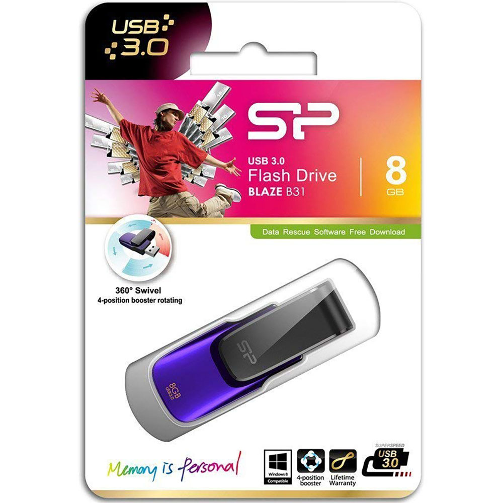 Флеш-драйв SILICON POWER Blaze B31 8GB Purple (SP008GBUF3B31V1U) Объем памяти 8 Гб