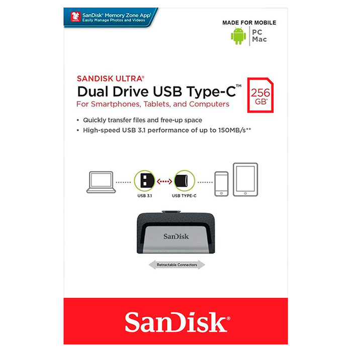 Флеш-драйв SANDISK Ultra Dual Drive 256GB (SDDDC2-256G-G46) Объем памяти 256 Гб