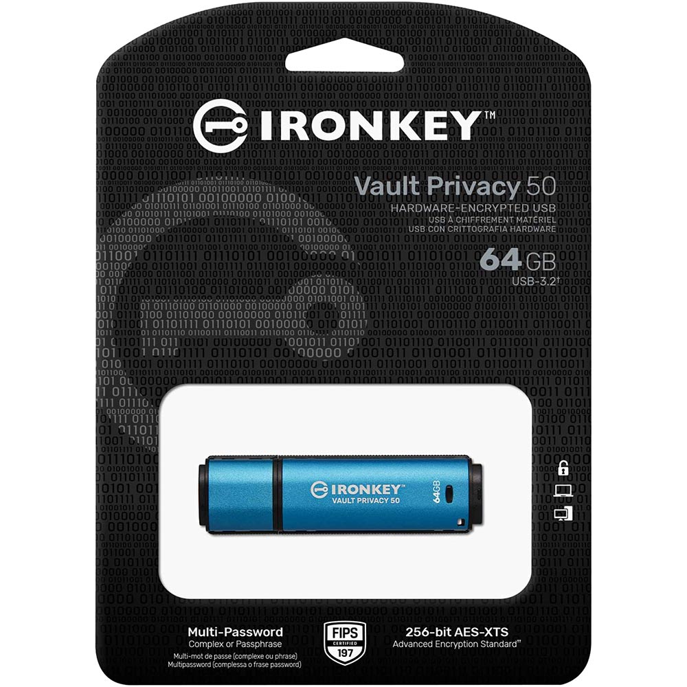 Флеш-драйв KINGSTON IronKey Vault Privacy 50 64GB Blue (IKVP50/64GB) Матеріал корпуса пластик