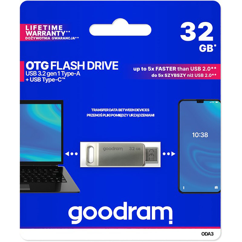 Флеш-драйв GOODRAM 32GB USB3.2 OTG Type-C ODA3 Silver (ODA3-0320S0R11) Інтерфейс USB 3.1/3.2 Gen 1 Type-A