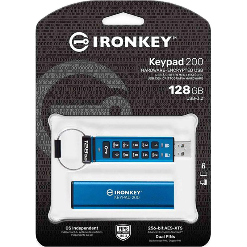 Флеш-драйв KINGSTON 128GB USB3.2 IronKey Keypad 200 Type-A Blue (IKKP200/128GB) Матеріал корпуса метал