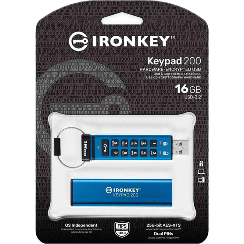 Флеш-драйв KINGSTON 16GB USB3.2 IronKey Keypad 200 Type-A Blue (IKKP200/16GB) Матеріал корпуса метал