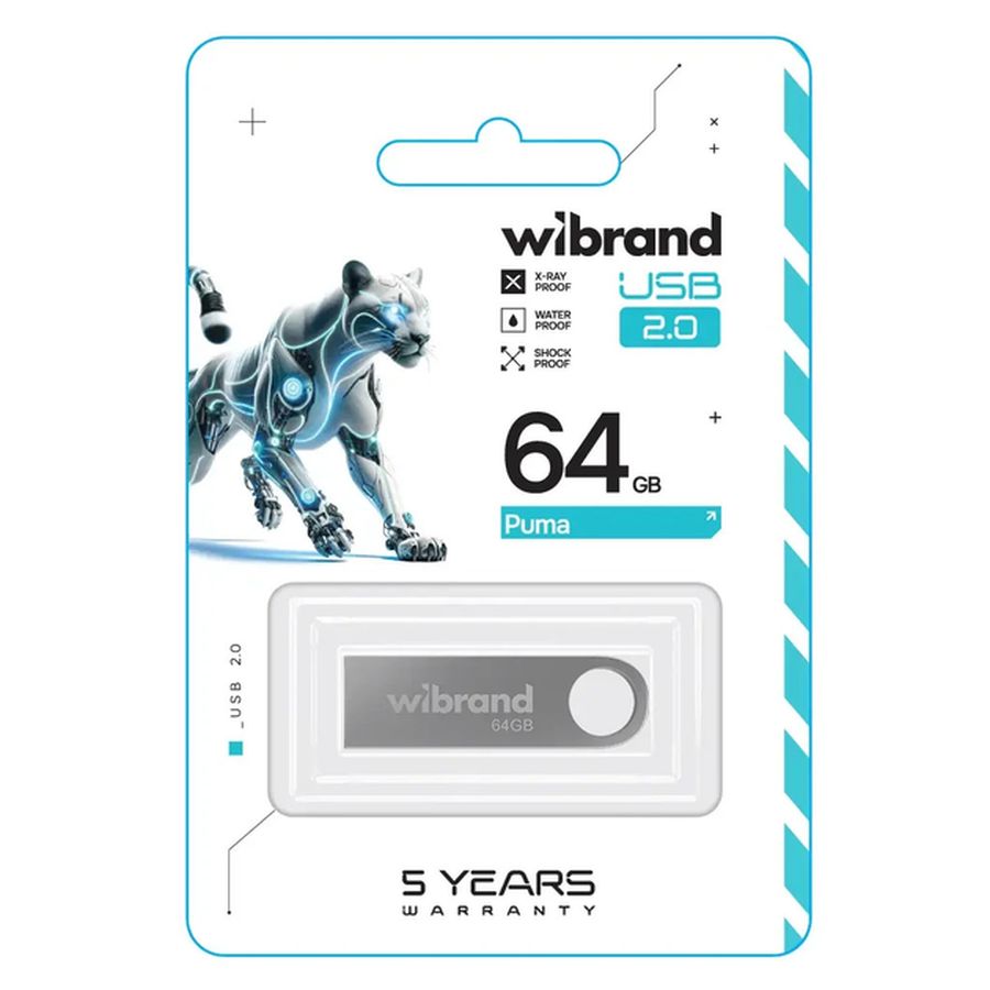 Флеш-драйв WIBRAND 64GB Puma Silver (WI2.0/PU64U1S) Конструкция монолит