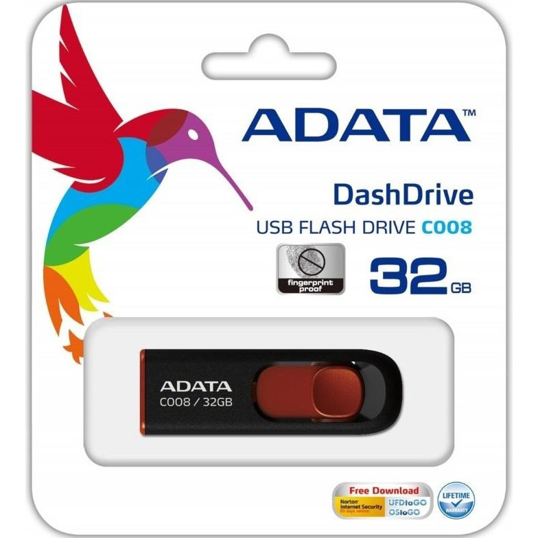 Флеш-драйв A-DATA C008 32 Gb Black/Red (AC008-32G-RKD) Конструкция выдвижная