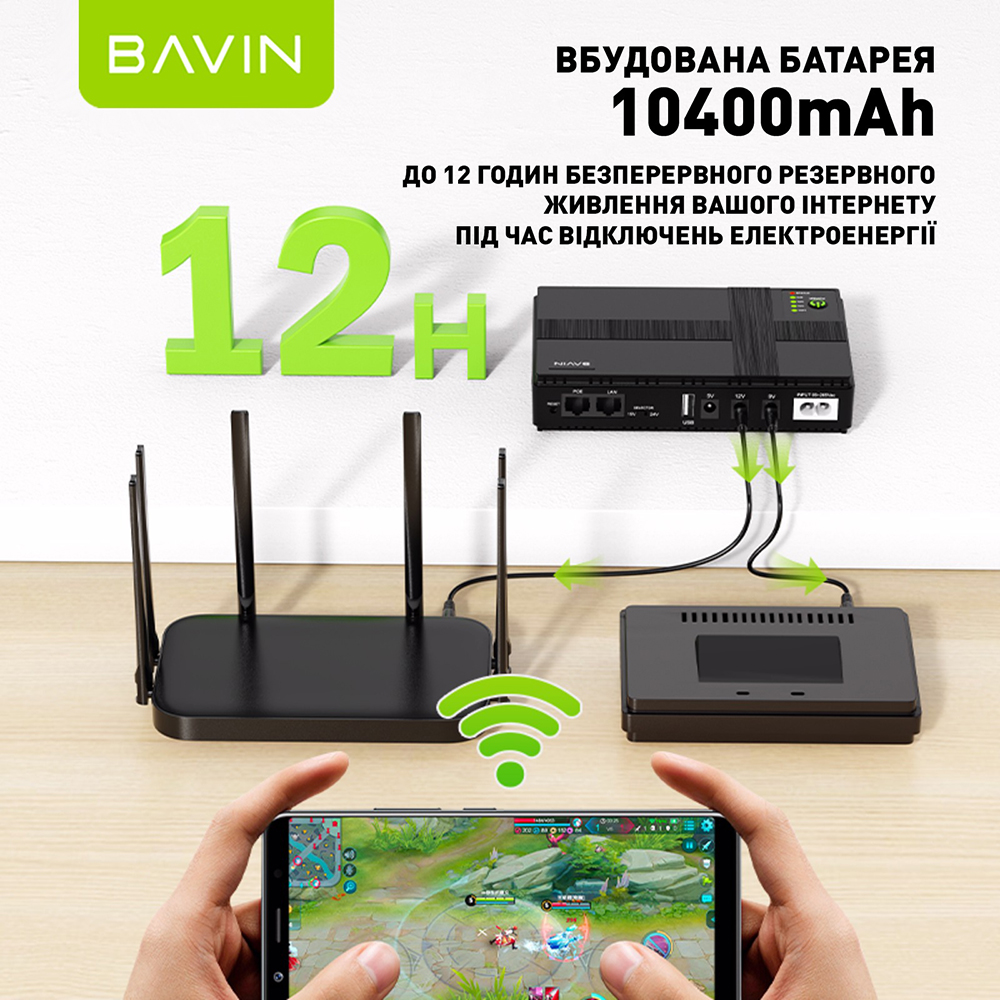 ДБЖ BAVIN для маршрутизатора 36W 10400mAh 5-12V (Y-PC1083-36W-EU-WH) Захист від високовольтних імпульсів