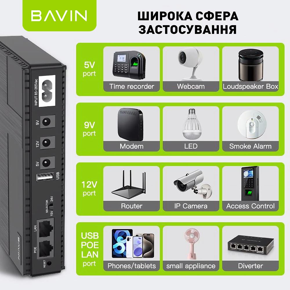 Покупка ДБЖ BAVIN для мережевого обладнання 10400 mAh 5-12V (Y-PC1083-36W-EU-BK)