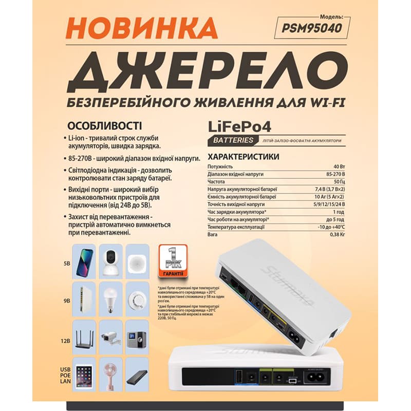 ИБП STURMAX PSM95040 40 Вт Ёмкость аккумулятора 10000