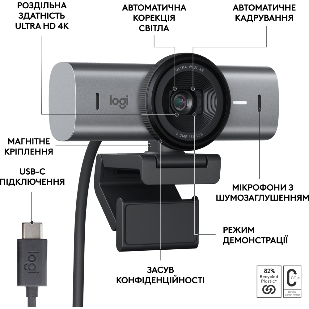 WEB-камера LOGITECH MX Brio GRAPHITE (960-001559) Якість відеозйомки, пікселів 3840 x 2160