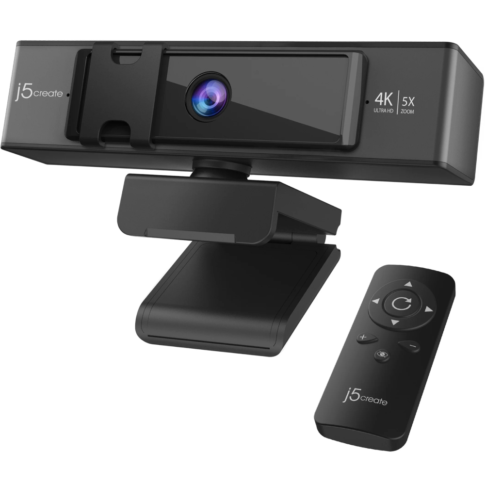 Web-камера J5CREATE JVCU435-N Black/Silver Дополнительно Разрешение 4K при 30 Гц; Пульт ДУ для 5-кратного зума и функции ePTZ; Поддержка форматов: H.264, MJPEG; Функция улучшения качества изображения при слабом освещении (сверхнизкая освещенность 0.05 люкс, объектив с диафрагмой F/1.6); Privacy-cover