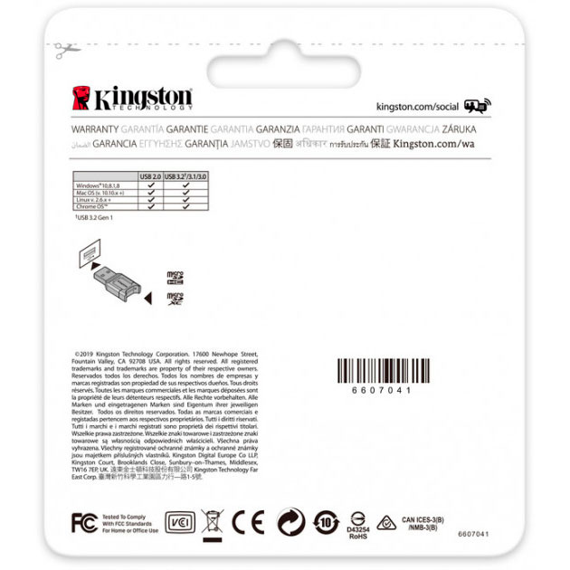 Картридер KINGSTON USB 3.1 microSDHC/SDXC UHS-II Card Reader (MLPM) Поддержка USB 3.0