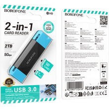Картридер BOROFONE DH9 Wisdom 2-in-1 USB/Type-C 3.0 Card Reader Black Blue (6941991112416)