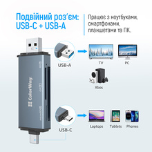 Картридер COLORWAY USB 2.0/USB-C - CF/SD/MicroSD Grey (CW-CR-01)