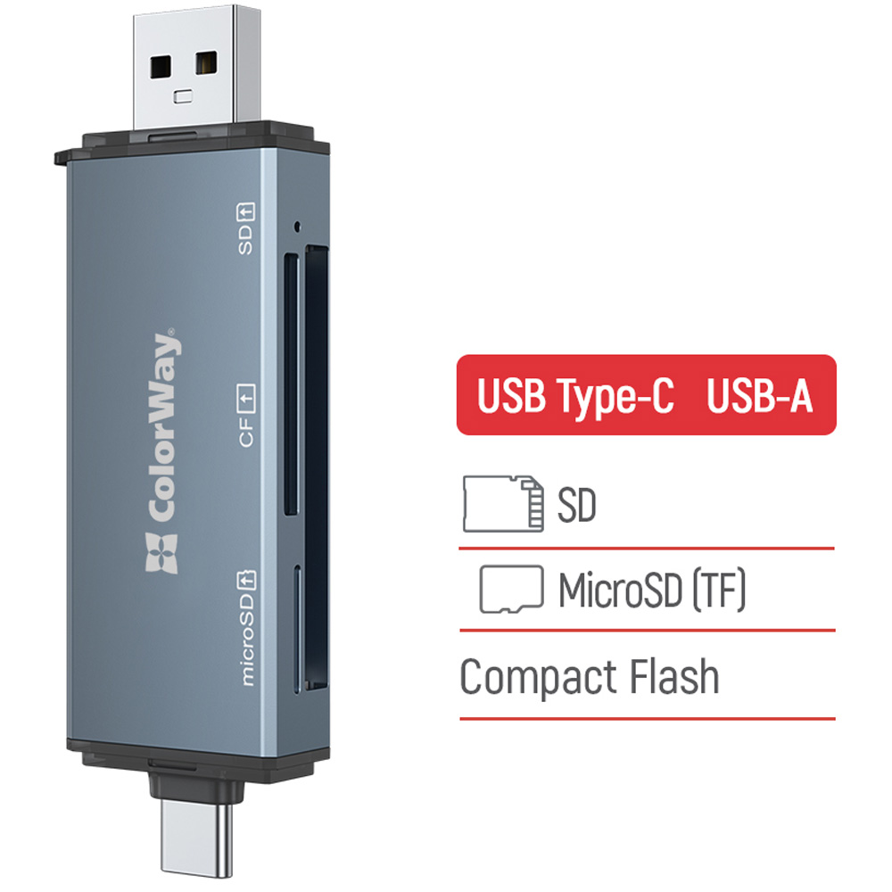 Картридер COLORWAY USB 2.0/USB-C - CF/SD/MicroSD Grey (CW-CR-01) Поддержка USB 2.0